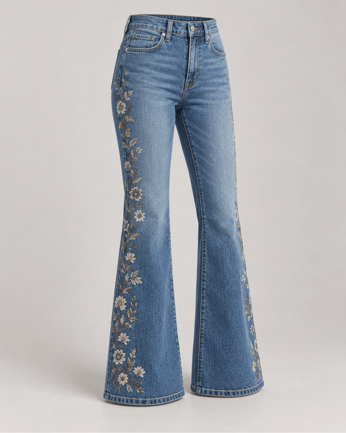 Blugi evazați cu broderie Denim Albastru