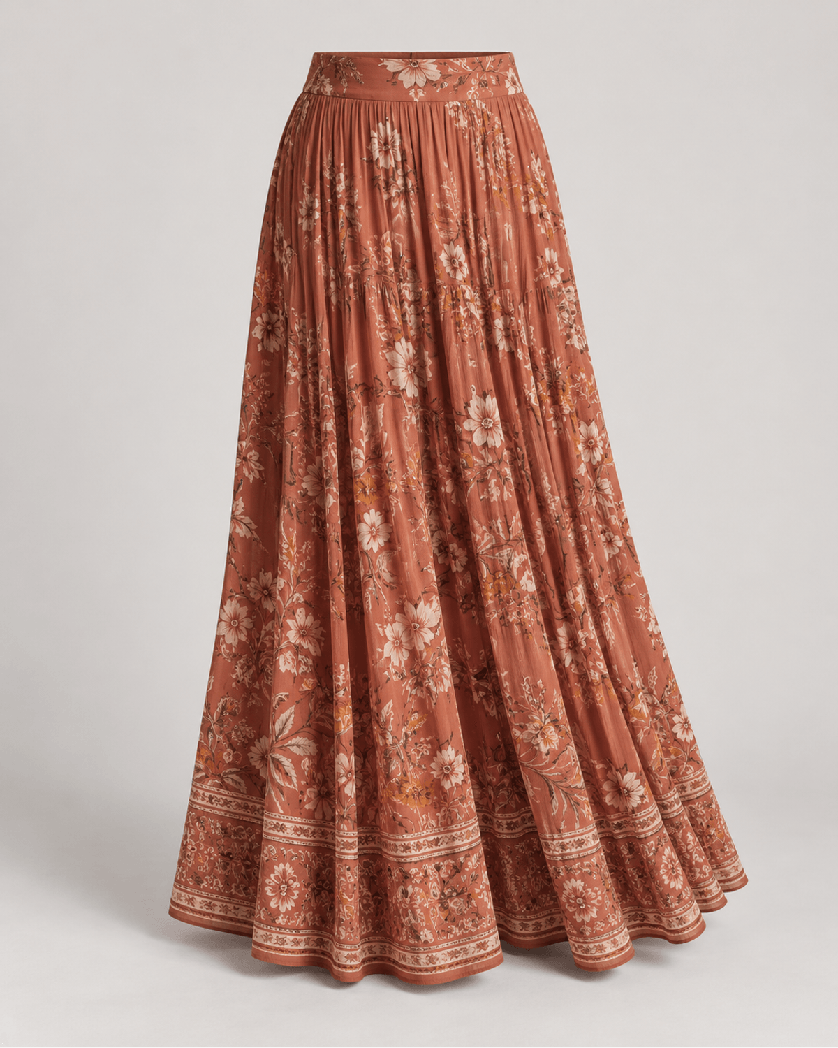 Fustă maxi plisată floral Cărămiziu