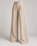 Pantaloni largi din in cu broderie Bej Natural