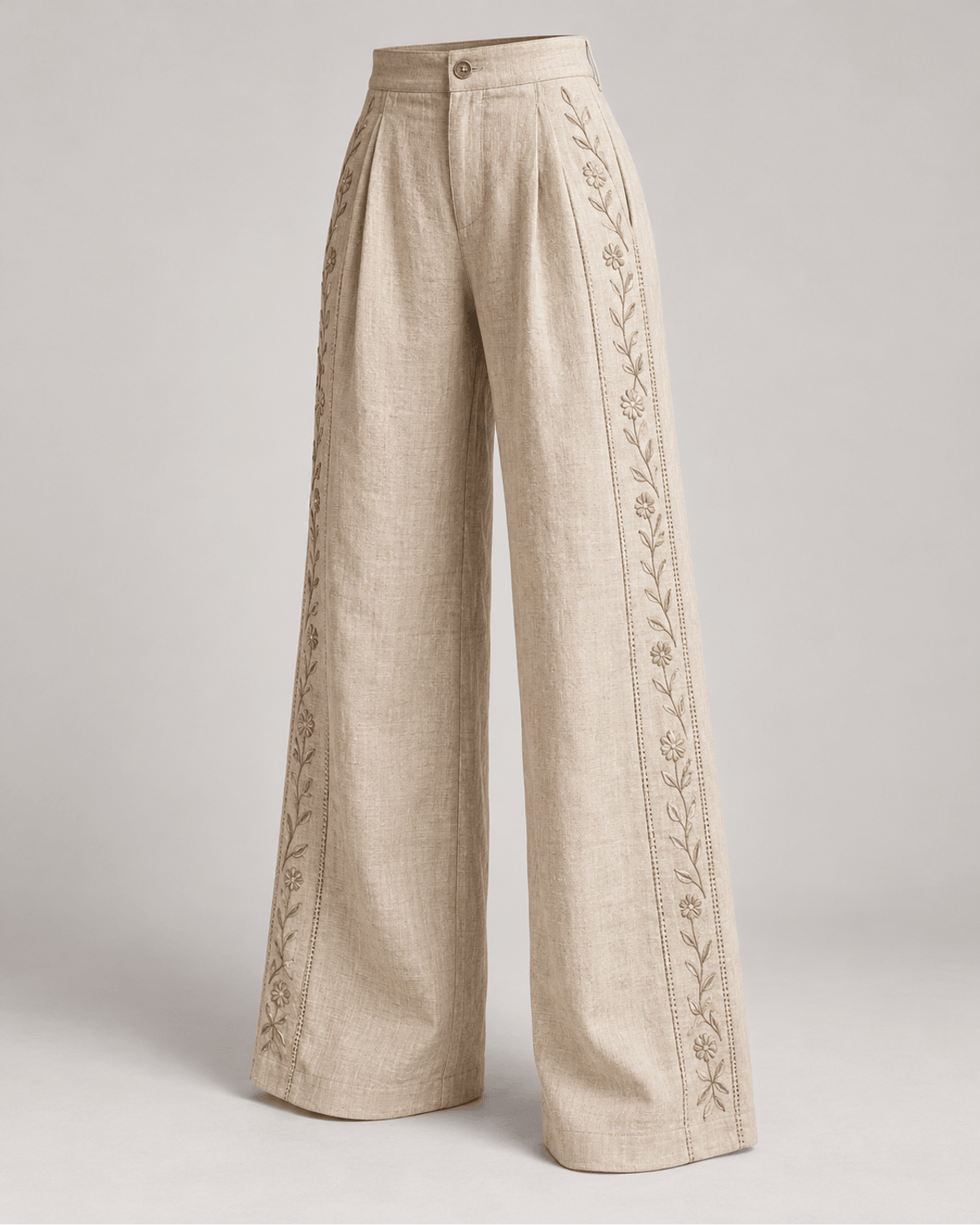 Pantaloni largi din in cu broderie Bej Natural
