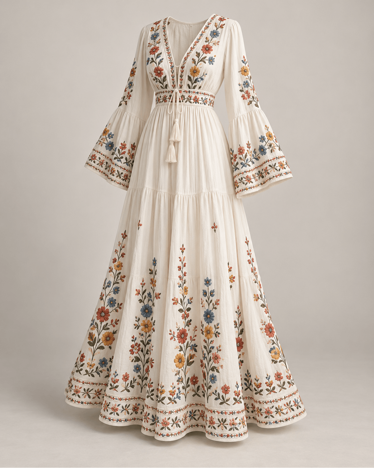 Rochie maxi cu broderie florală Alb Ivoire