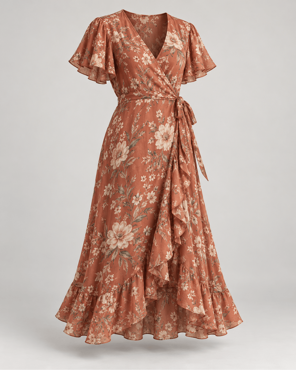 Rochie midi petrecută Floral Cărămiziu
