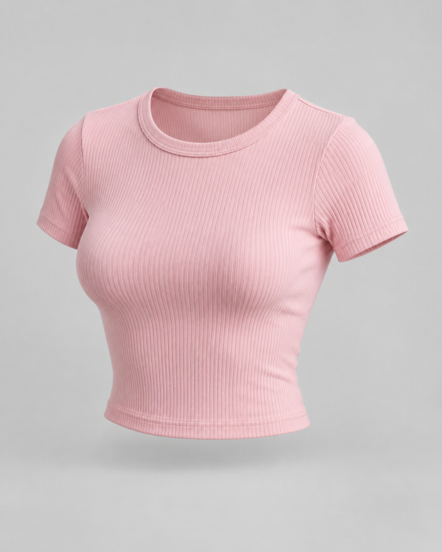 Tricou cropped cu nervuri Roz Pudrat